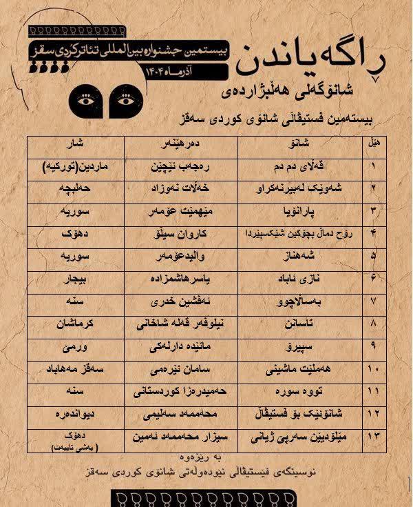 اعلام آثار راهیافته به بیستمین جشنواره بینالمللی تئاتر کردی سقز